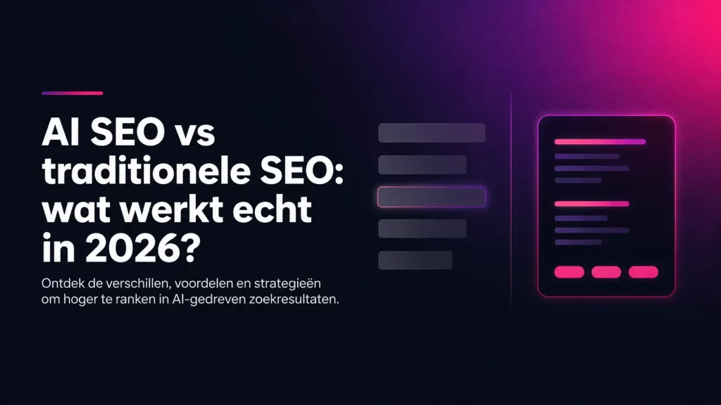 Titelafbeelding AI SEO vs traditionele SEO, met links een rij zoekresultaten en rechts een AI-antwoord met bronvermeldingen.