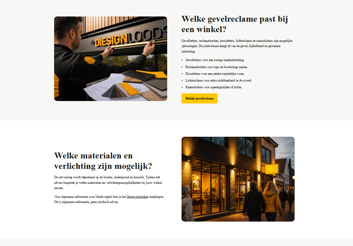 Pagina van Diesignloods met vraaggerichte koppen over gevelreclame, gebouwd in Elementor